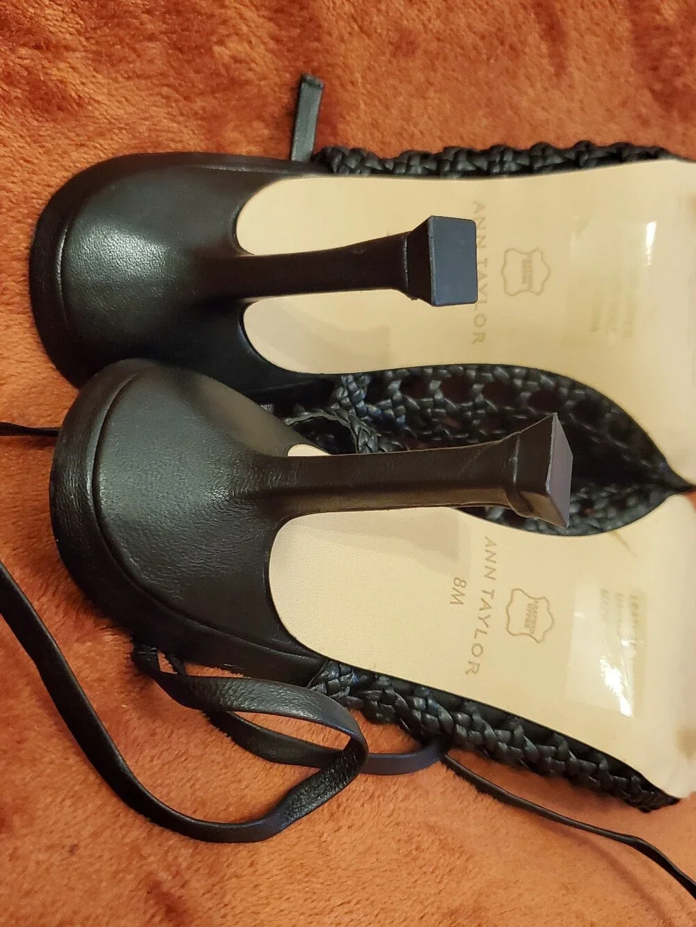 Ann Taylor Black Pointed-Toe Woven Leather Lace-Up Flats